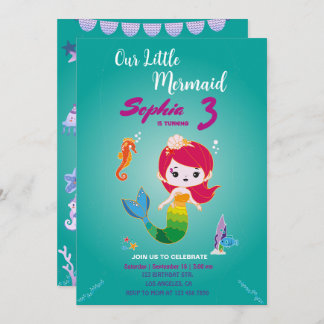 Little Red Head Mermaid Birthday Party Invitation