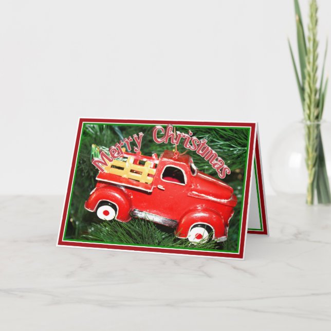 Little Red Pick-up Truck Christmas Ornament (2) Holiday Card (Front)