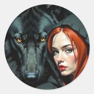 Little Red Riding Hood Redhead and the Black Wolf Classic Round Sticker