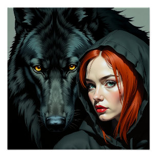 Little Red Riding Hood Redhead and the Black Wolf Poster
