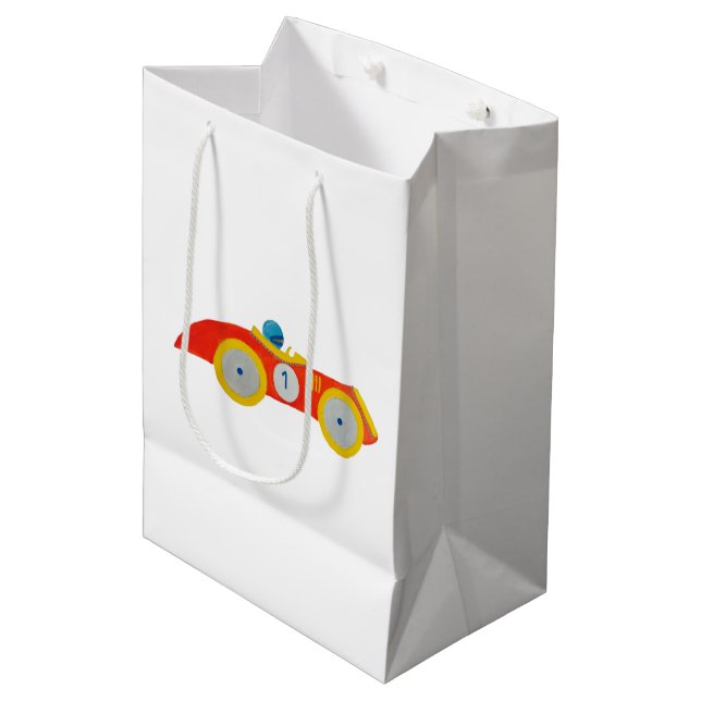 Little Red Roadster Racing Car Child 1st Birthday Medium Gift Bag (Front Angled)