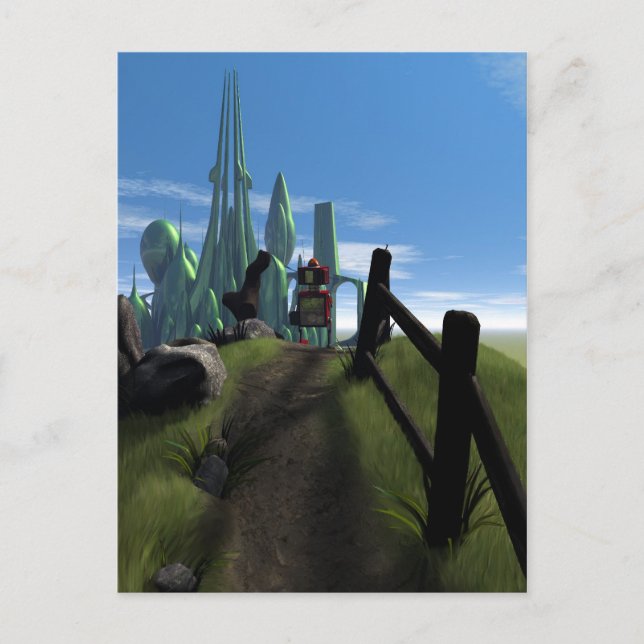Little Red Robot Walking Over a Hill Postcard (Front)