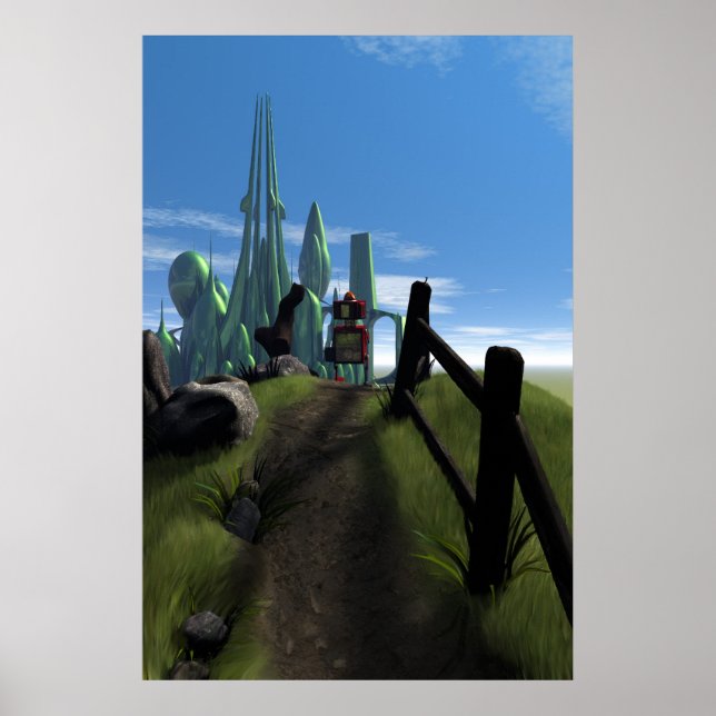 Little Red Robot Walking Over a Hill Print (Front)