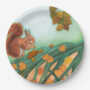 Little Red Squirrel Eats Hazelnuts Illustration Paper Plate