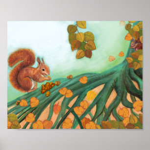 Little Red Squirrel Eats Hazelnuts Illustration Poster