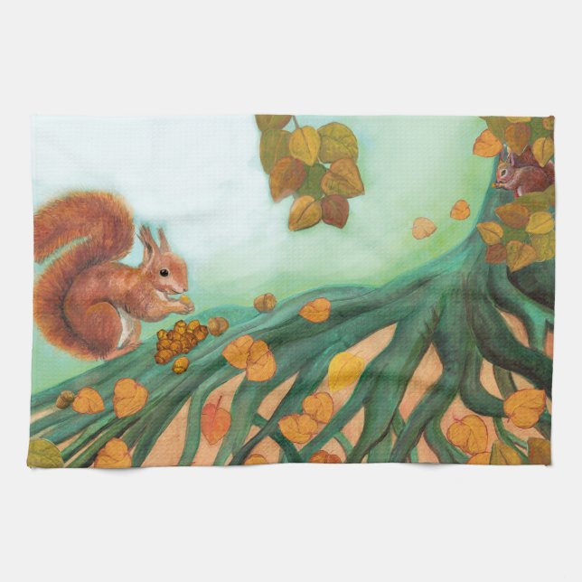 Little Red Squirrel Eats Hazelnuts Illustration Tea Towel (Horizontal)