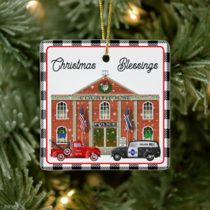 Little Red Truck and Courthouse Police Station Ceramic Ornament