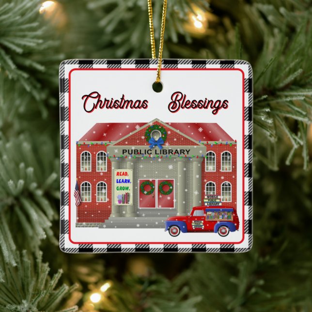 Little Red Truck Library Ceramic Ornament (Tree)