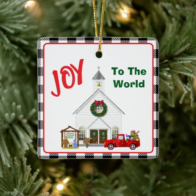 Little Red Truck with Country Church Ceramic Ornament (Tree)