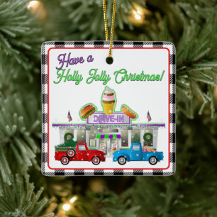 Little Red Truck with Drive-In Diner Ceramic Ornament