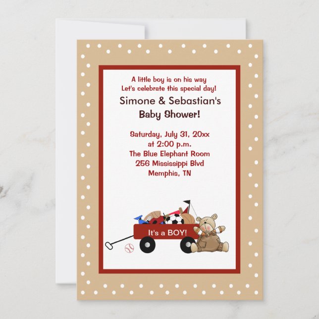 Little Red Wagon & Teddy Bear 5x7 Invite 2-sided (Front)