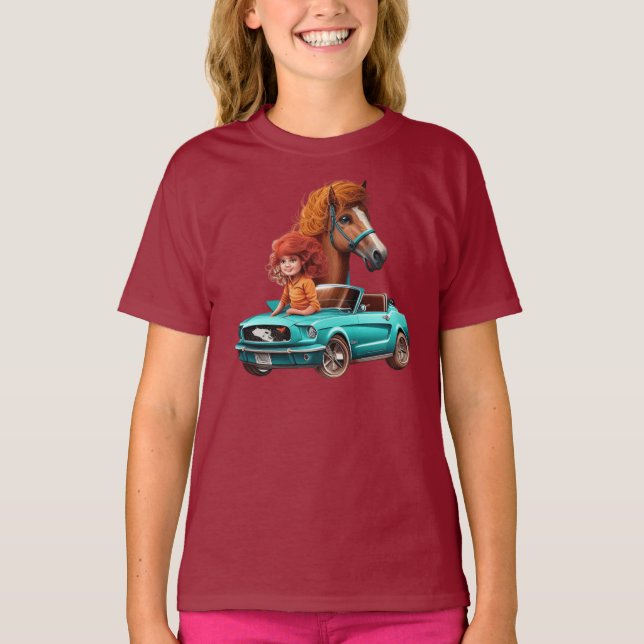 Little Redhead Girl With Mustang Car Pony Horse T-Shirt (Front)
