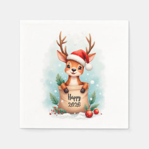 Little reindeer in a Santa hat Happy New Year 2027 Napkin