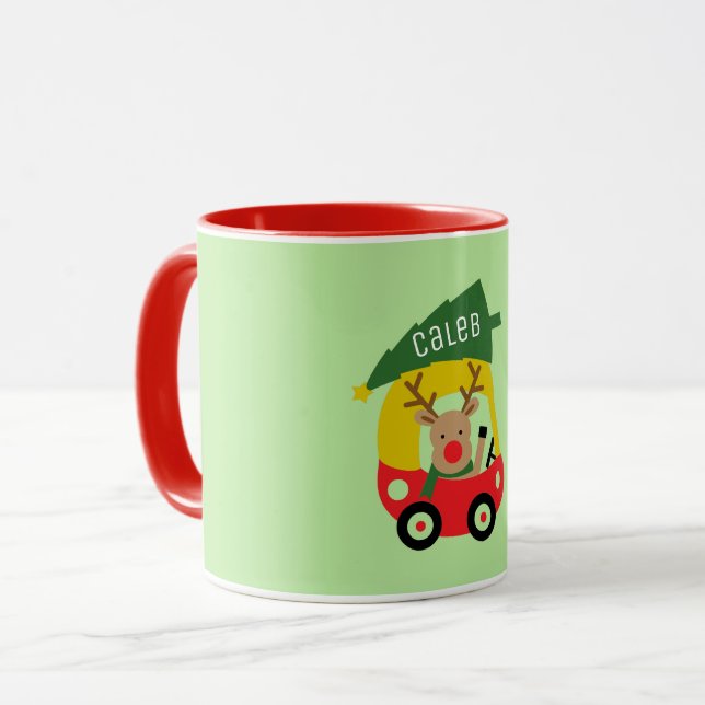 Little Reindeer Red Car & Christmas Tree Kids Cute Mug (Front Left)