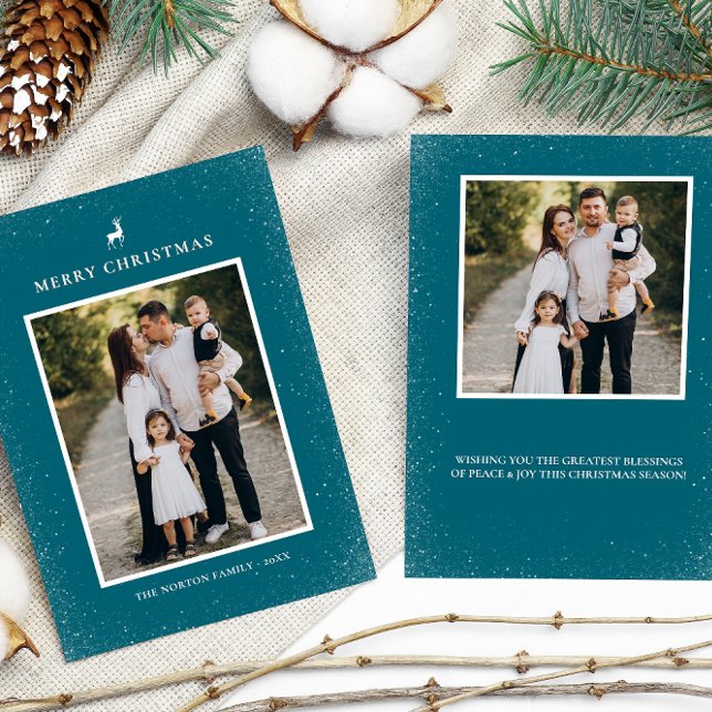 Little Reindeer Simple Snowflakes Custom 2 Photo  Holiday Card (Creator Uploaded)