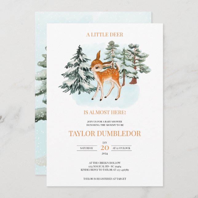 Little Reindeer Winter Christmas Baby Shower Snow Invitation (Front/Back)