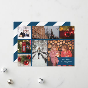 Little Ribbon Multi Photo Christmas Blue Stripe Holiday Card