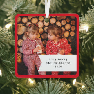 Little Ribbon Red Plaid Christmas Photo Metal Tree Decoration