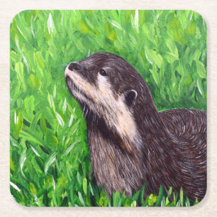 Little River Otter Painting Square Paper Coaster