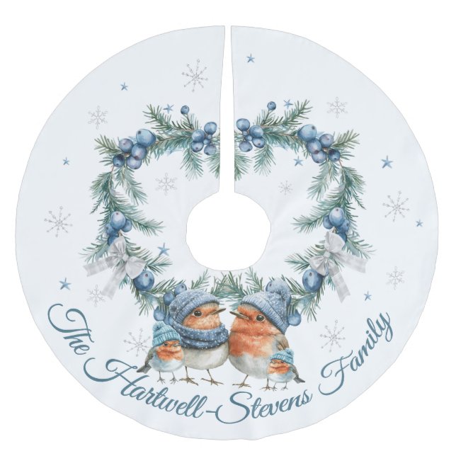 Little Robin Family & Christmas Foliage Brushed Polyester Tree Skirt (Front)