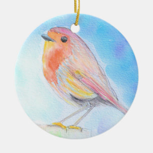 Little Robin Watercolour Painting Ceramic Tree Decoration