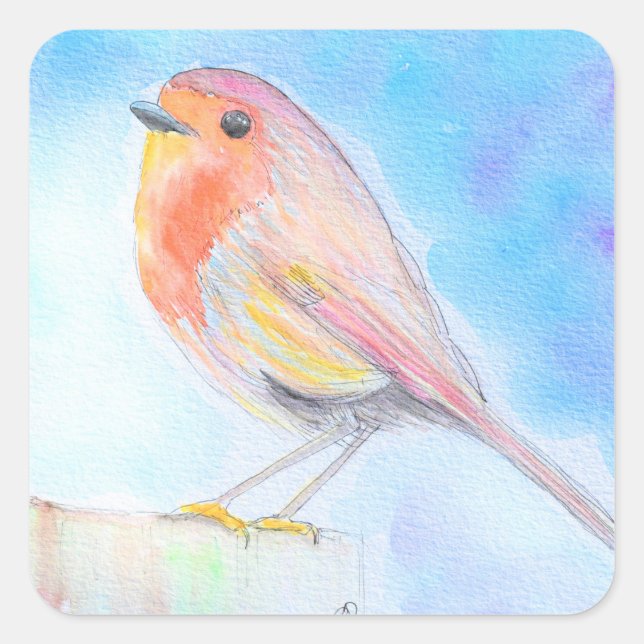 Little Robin Watercolour Painting Square Sticker (Front)