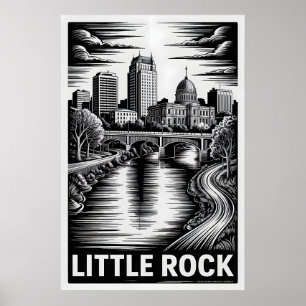 Little Rock Arkansas Skyline Black White Woodcut Poster