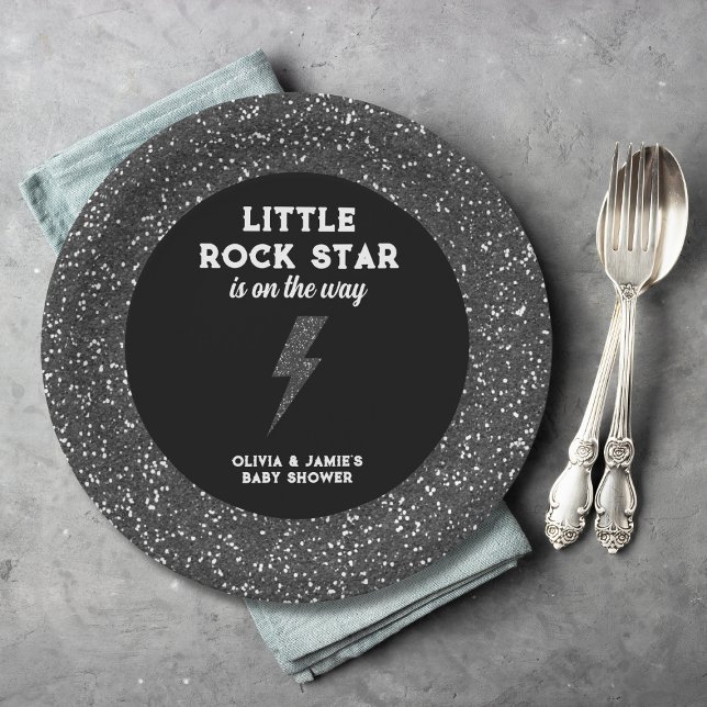 Little Rock Star Black Glitter Edgy Baby Shower Paper Plate (little rock star baby shower paper plates black glitter flash rock and roll)