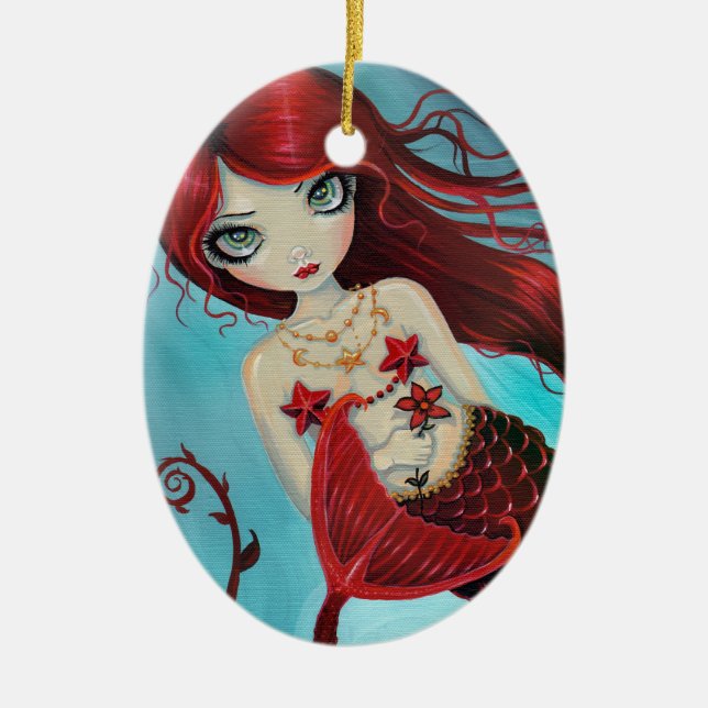 Little Ruby Red Mermaid Fantasy Art Ceramic Tree Decoration (Front)