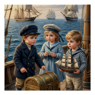 Little Sailor Children Discovering Treasure Chest Poster