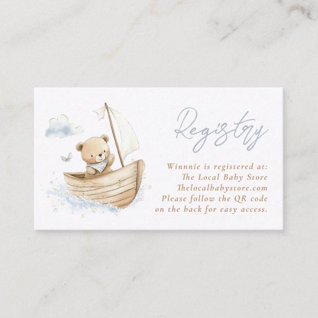 Little Sailor Teddy Bear Baby Registry QR Code Enclosure Card (Front)