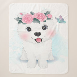 Little Samoyed With Floral Blanket Gift For Baby