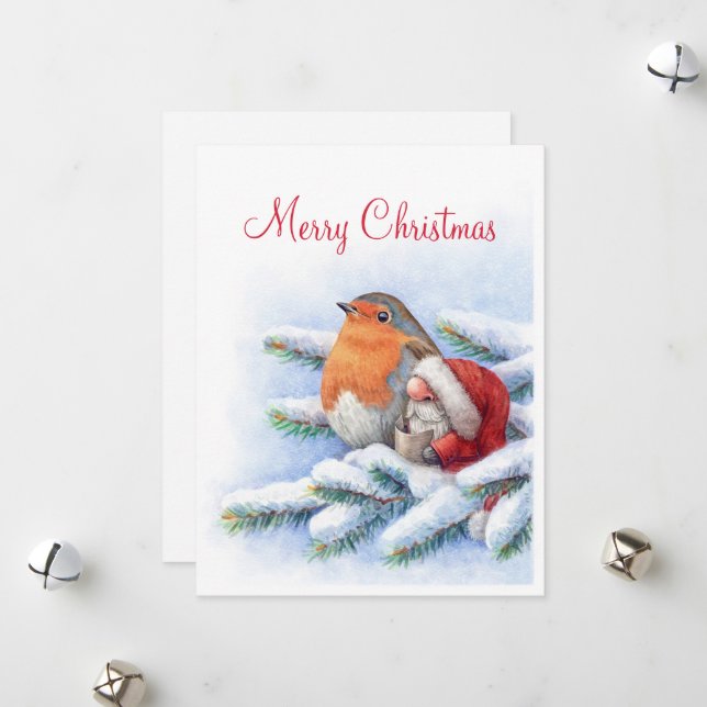Little Santa with a red robin Holiday Card (Front/Back In Situ)