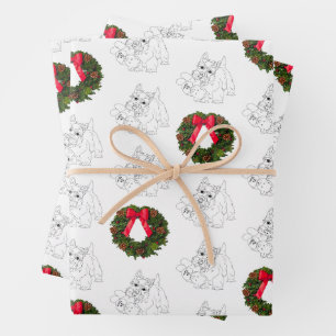 Little Scottie Dog with Christmas Wreath Wrapping Paper Sheet