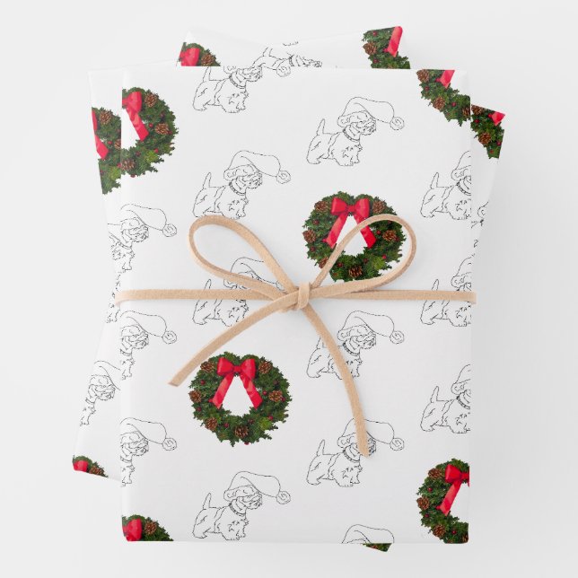 Little Scottie Dog with Christmas Wreath Wrapping Paper Sheet (In situ)