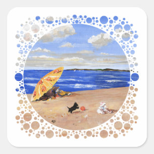Little Scottie Plays at the Beach Square Sticker