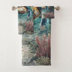 Little sea turtle exploring with her friend. bath towel set