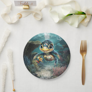 Little sea turtle exploring with her friend. paper plate