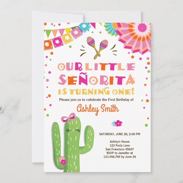 Little Senorita Fiesta Cactus Pink First Birthday Invitation (Front)