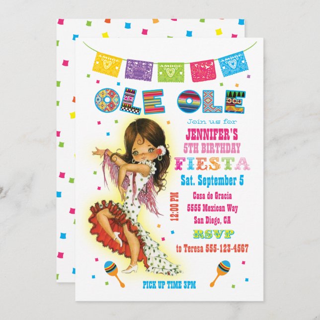 Little Señorita Mexican Fiesta Birthday Party Invitation (Front/Back)