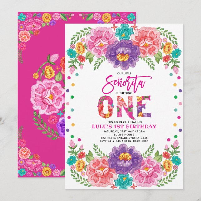 Little Senorita Mexican Fiesta Floral 1st Birthday Invitation (Front/Back)
