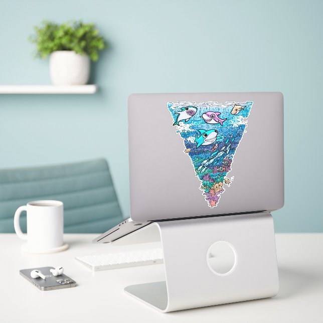 Little Shark Doodle Square Sticker (Laptop On Desk)