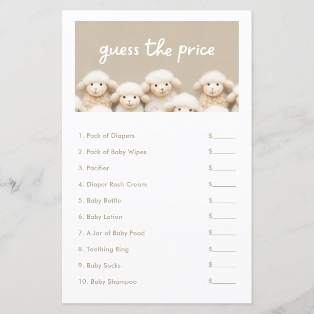 Little Sheep Guess the Price Baby Shower Game (Front)