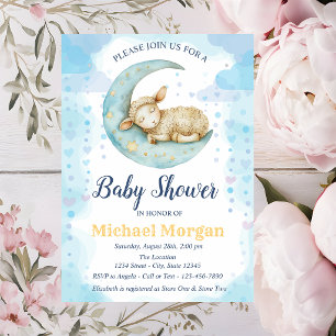 Little Sheep Moon Hearts Blue Baby Shower Invitation