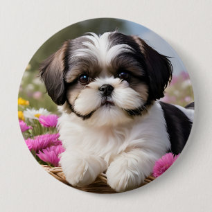 Little Shih Tzu Puppy Basket Flowers 10 Cm Round Badge