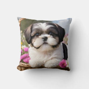 Little Shih Tzu Puppy Basket Flowers Cushion