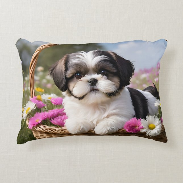 Little Shih Tzu Puppy Basket Flowers Decorative Cushion (Front)