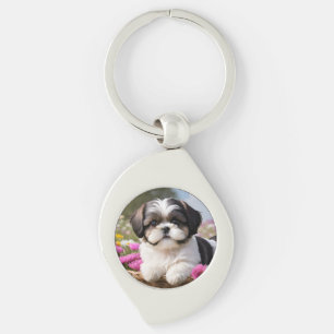 Little Shih Tzu Puppy Basket Flowers Key Ring