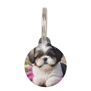 Little Shih Tzu Puppy Basket Flowers Pet Tag