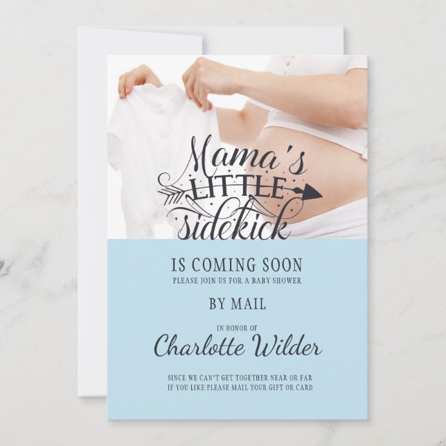 Little Sidekick Baby Bump Blue Boy Shower By Mail Invitation (Front)